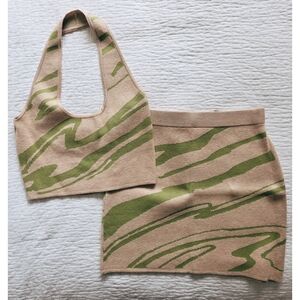 Tan and Green Knit Halter Top and Skirt Set